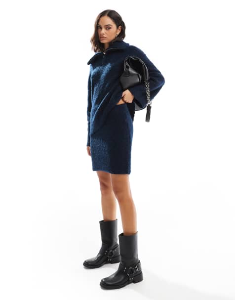 Object boucles knitted mini skirt co-ord in navy - view 1