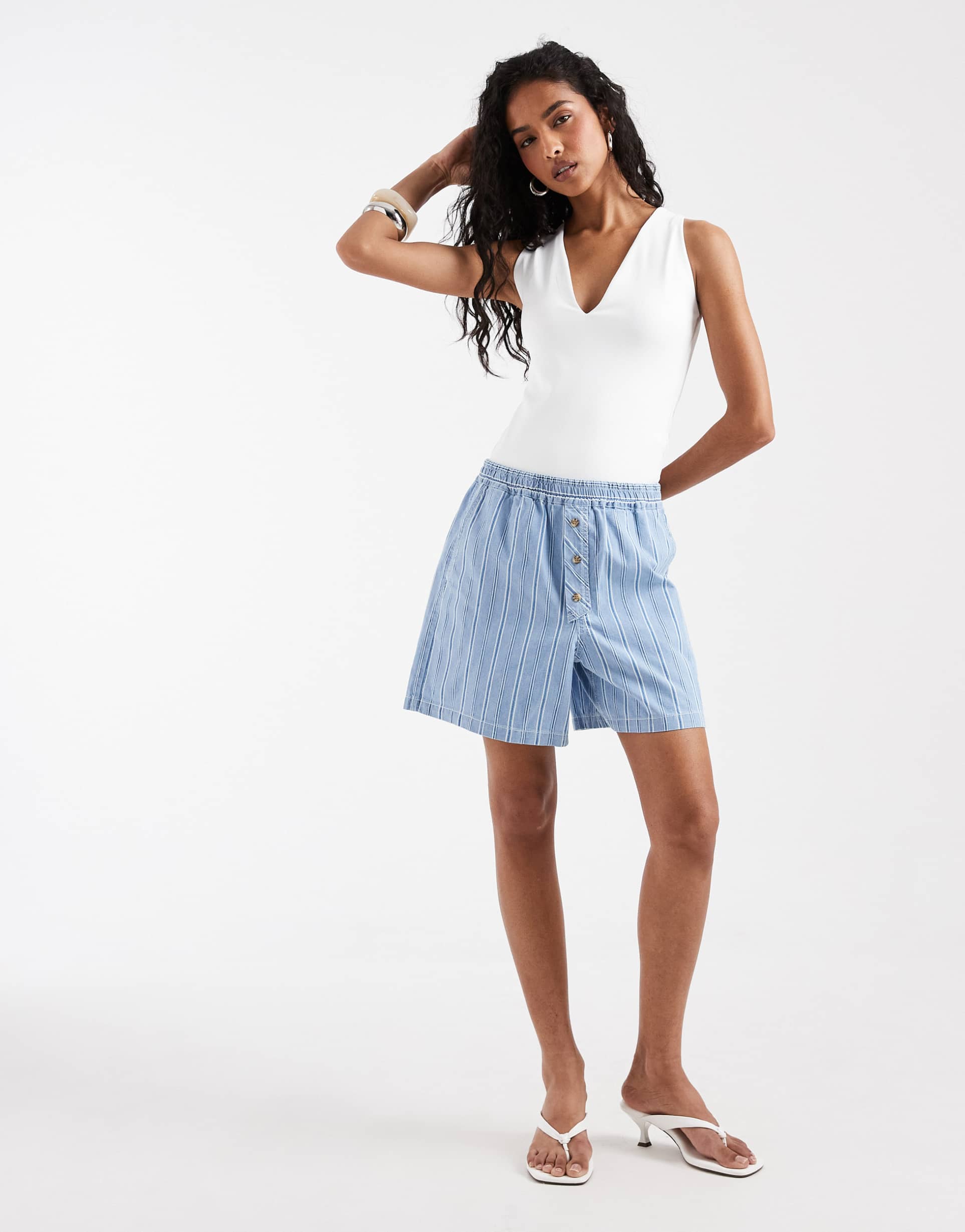 object boxer style denim shorts in light blue striped print