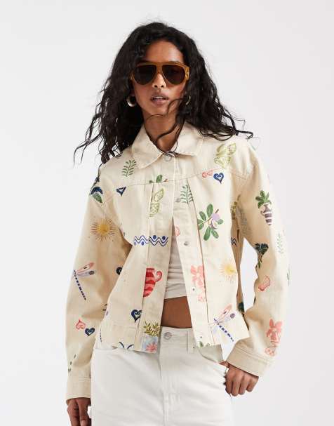 Object boxy denim jacket in cream based summer conversational print - view 1