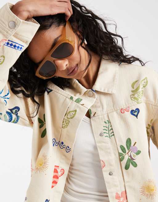 Object boxy denim jacket in cream based summer conversational print, 2 of 4