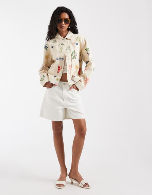 Object boxy denim jacket in cream based summer conversational print, 3 of 4