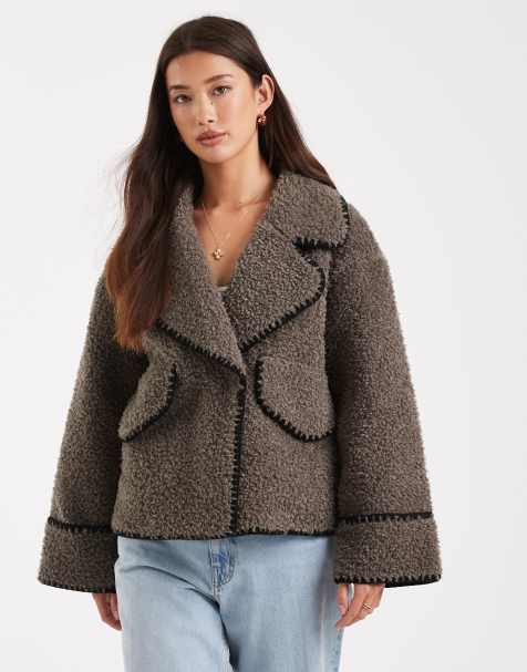Object borg teddy aviator jacket with contrast stitch in brown