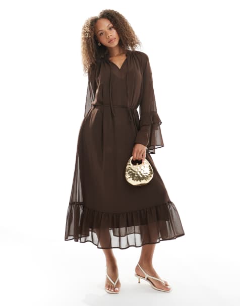 Object boho ruffle maxi dress with tiered sleeves in brown