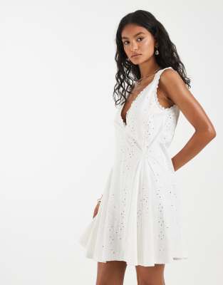 Object broderie fit and flare mini dress in white