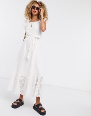Object broderie maxi dress with square neck and puff sleeves in white