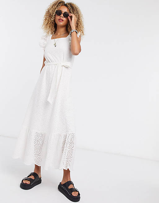 Object broderie maxi dress with square neck and puff sleeves in white ...