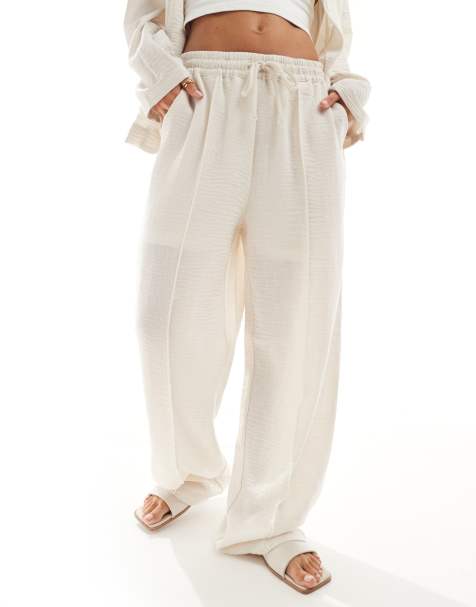 Object - Broek van co-ord set met wijde pijpen en siernaden in gebroken wit - view 1