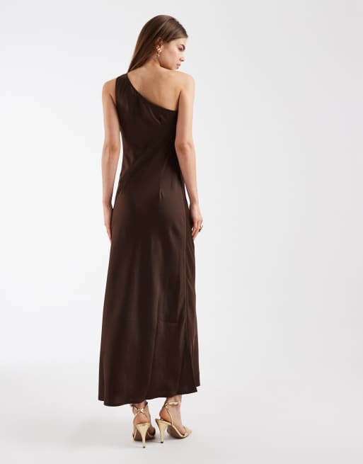 Object - Brun oneshoulder-maxikjole i satin, 3 af 4