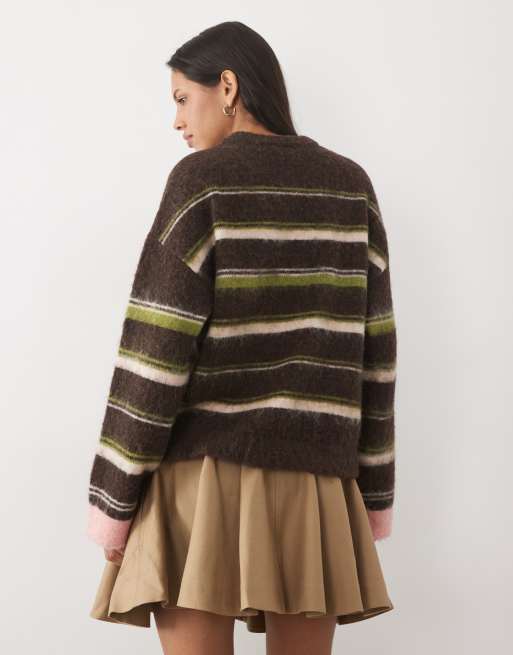 Object brushed fluffy knit jumper in multi colour stripe, 4 of 4