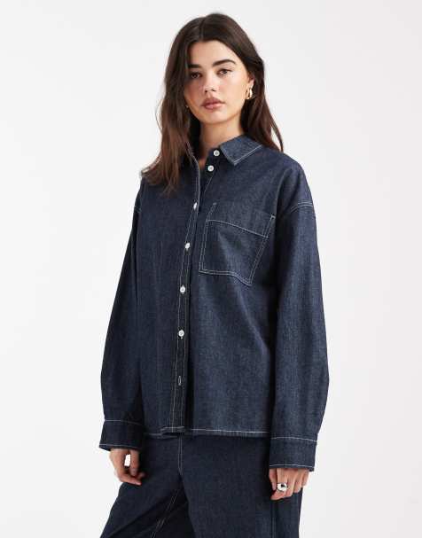 Object buton down denim top co-ord in rinse denim - view 1