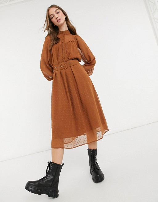 Object button detail midi dress in brown