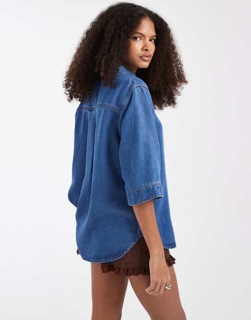 Object button down 2/4 sleeve top in mid blue denim, 3 of 4