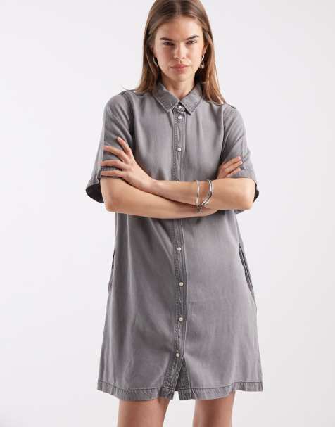 Object button down mini dress in light gray denim - view 1