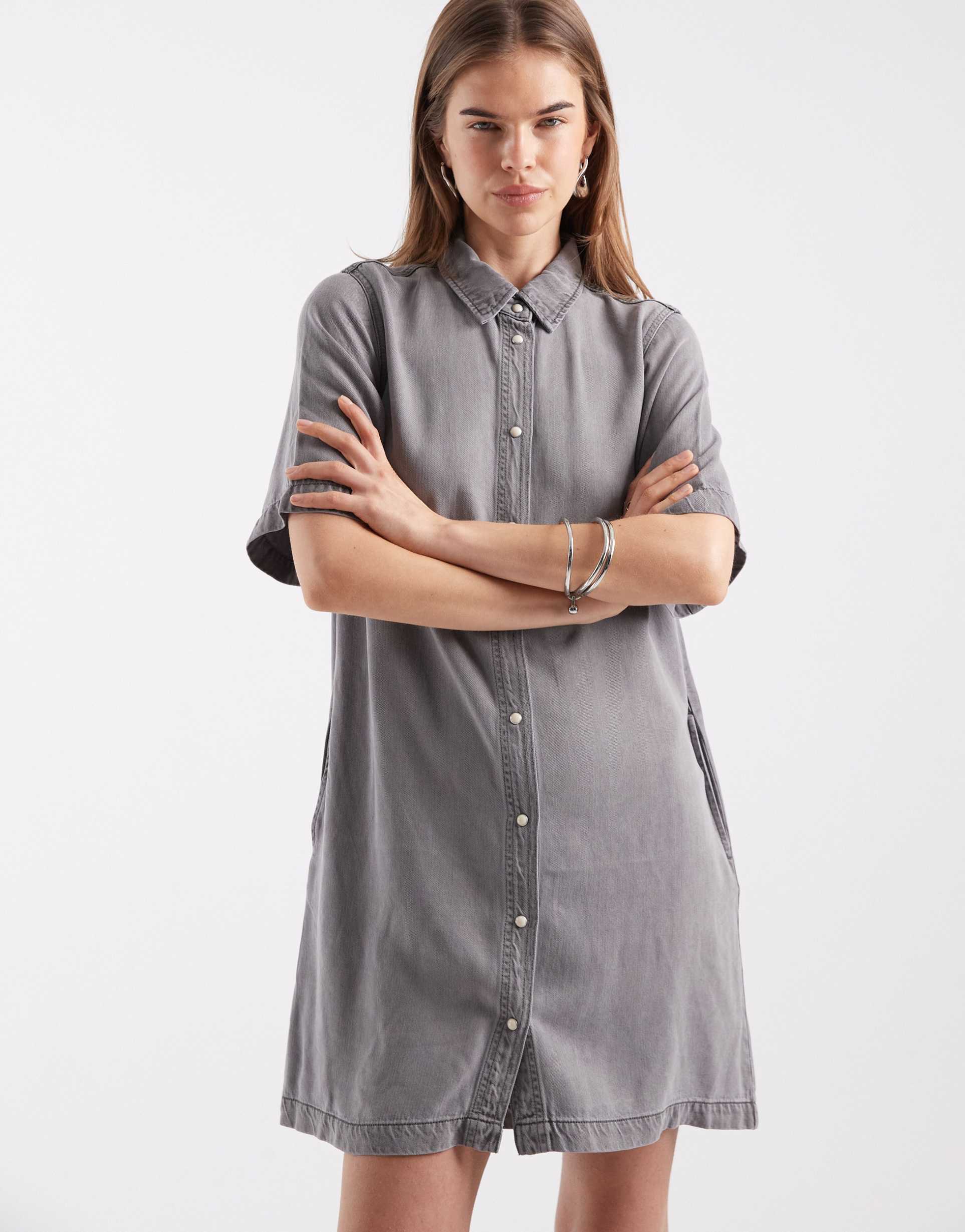 object button down mini dress in light gray denim