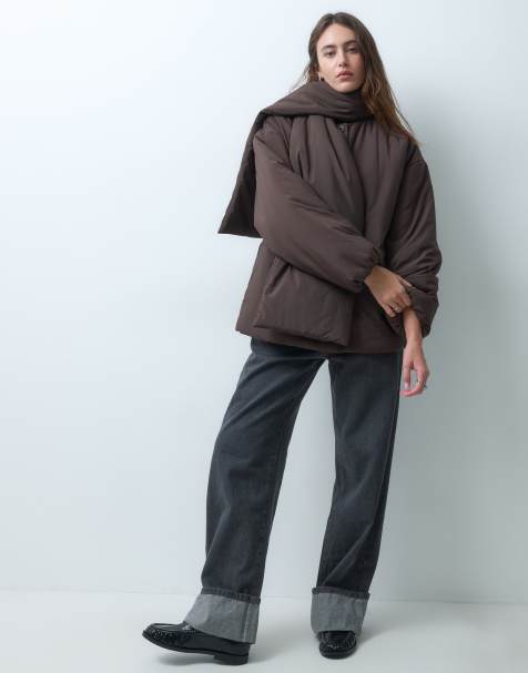 Object button front quilted jacket with scarf detail in brown - view 1