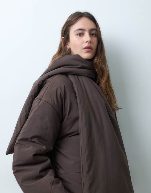 Object button front quilted jacket with scarf detail in brown, 3 of 4