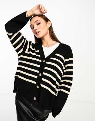 button through knit cardigan in black with beige stripe