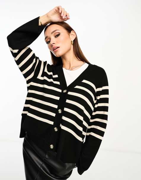 Object button through knit cardigan in black with beige stripe - view 1