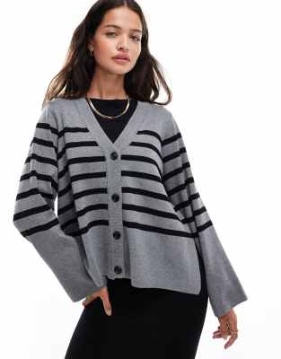 button through knit cardigan in gray with black stripe-Multi