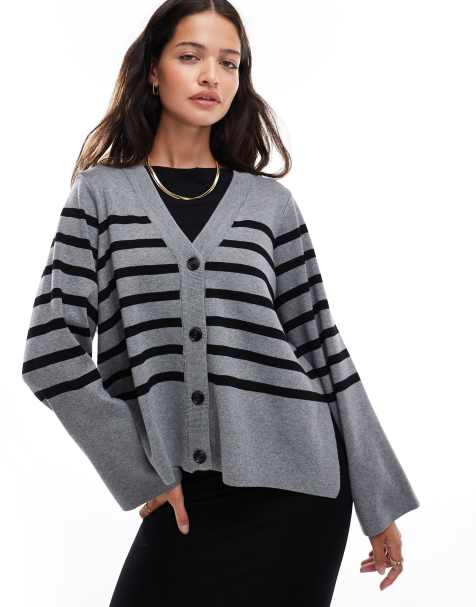 Object button through knit cardigan in gray with black stripe - view 1