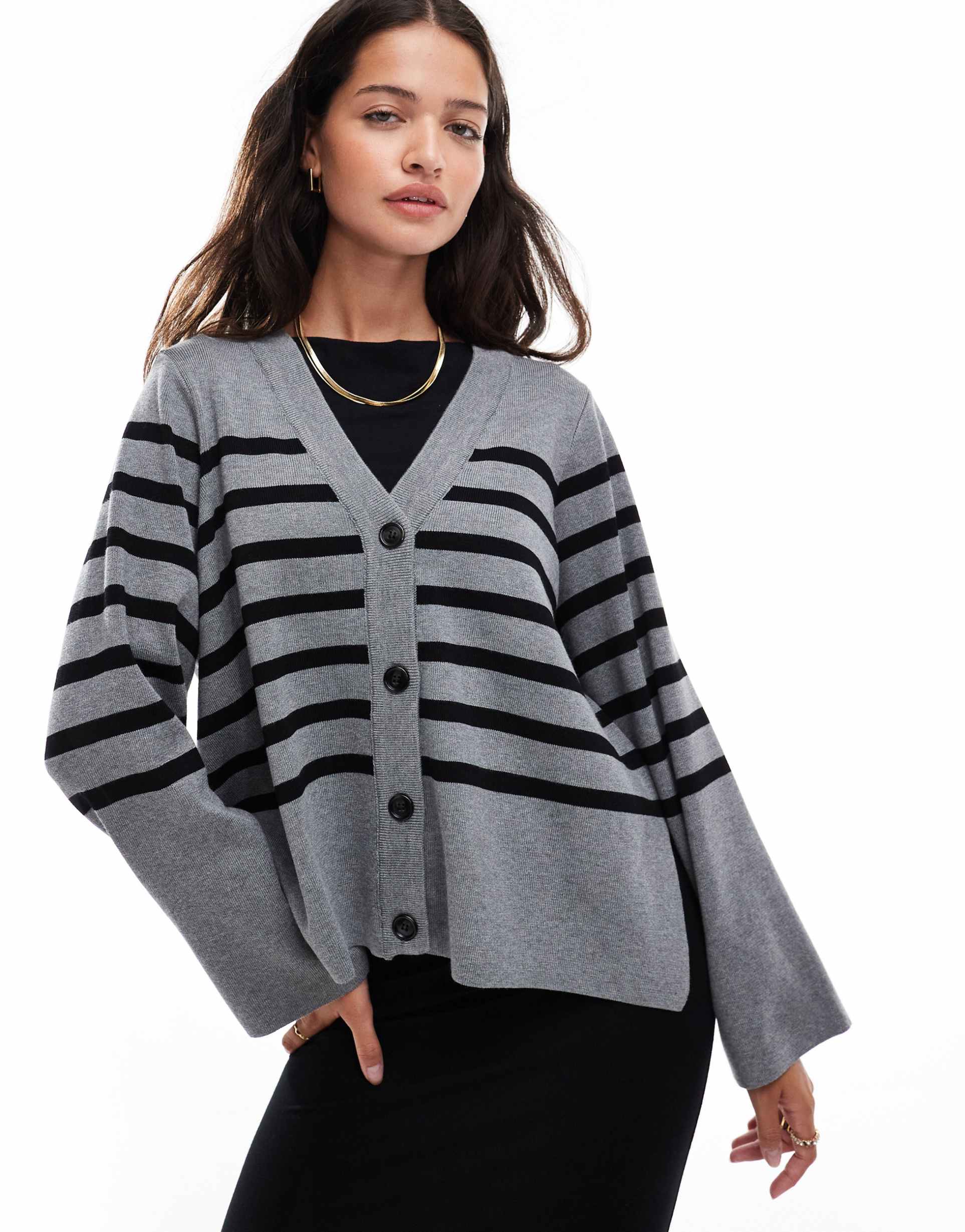 object button through knit cardigan in gray with black stripe