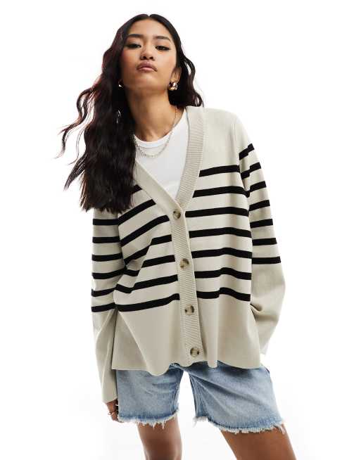 Object button through knitted cardigan in beige with black stripe