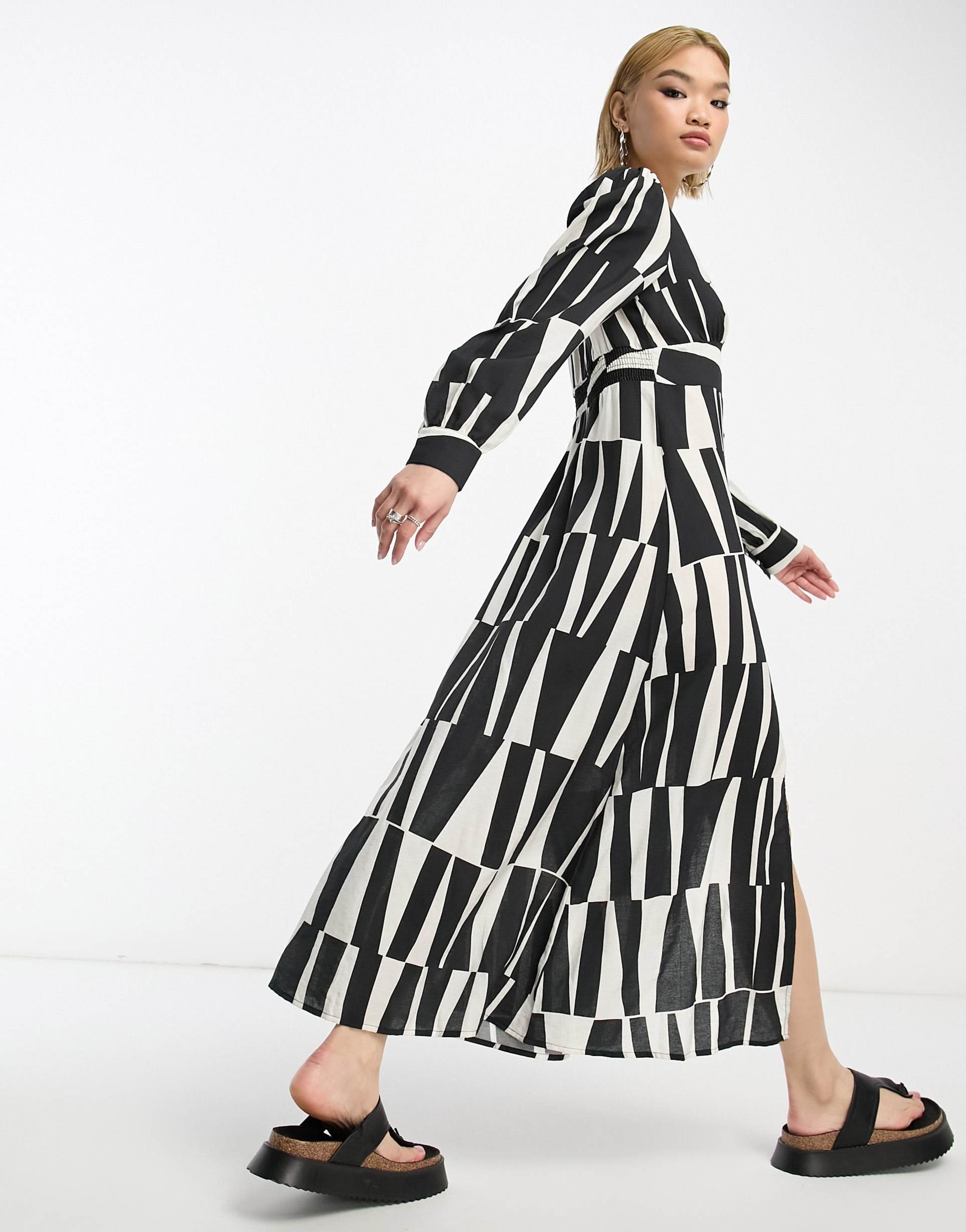 object button up midi dress in monochrome abstract print