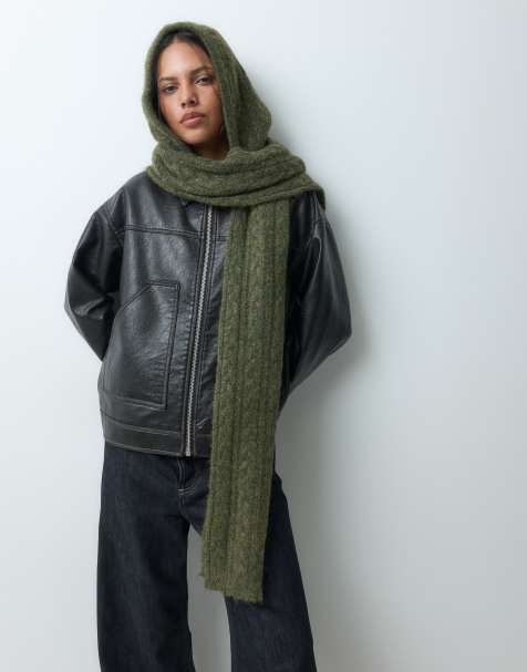 Object cable knit hooded scarf in olive green - view 1