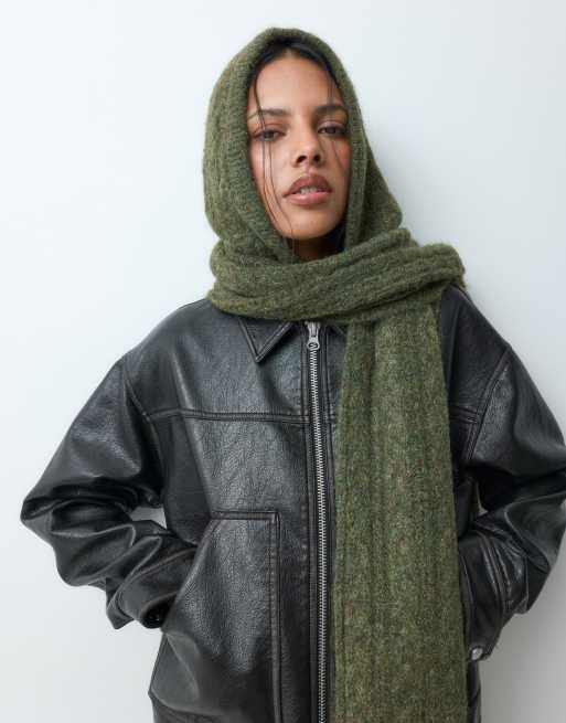 Object cable knit hooded scarf in olive green, 4 of 4