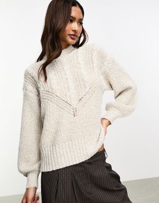 Object cable knit puff sleeve jumper in mottle beige melange