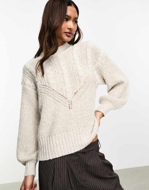 Object cable knit puff sleeve sweater in mottle beige melange