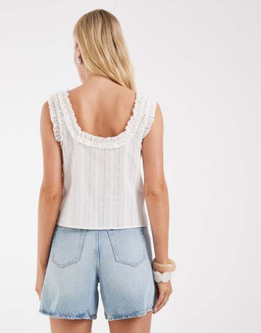 Object cami-top med flæsekant, bindebånd foran, broderi og milkmaid i creme, 4 af 4