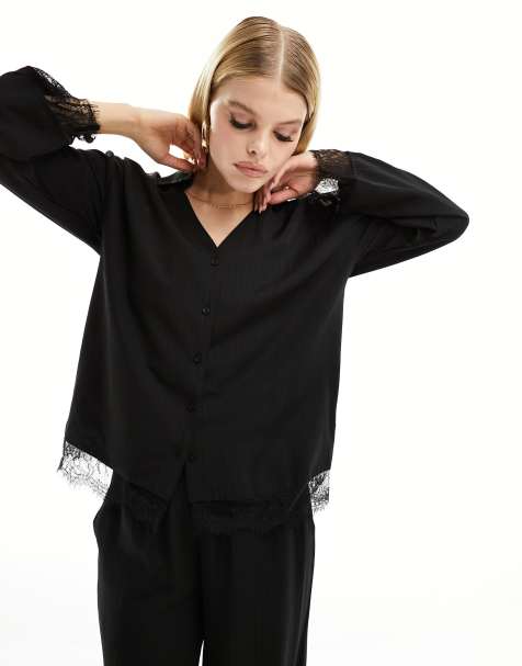 Object - Camicia nera con orlo in pizzo in coordinato - view 1