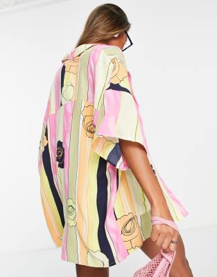 Camicia oversize a righe e a fiori-Multicolore - Object Camicia donna  - immagine2