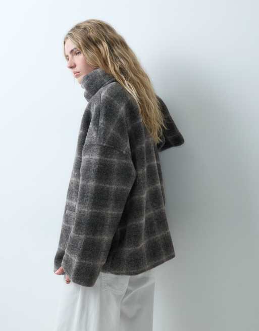 Object cappotto corto premium in misto lana con sciarpa rimovibile a quadri marrone e grigio, 4 di 4