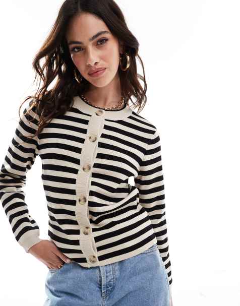 Object - Cardigan in maglia a righe nere e crema con bottoni - view 1