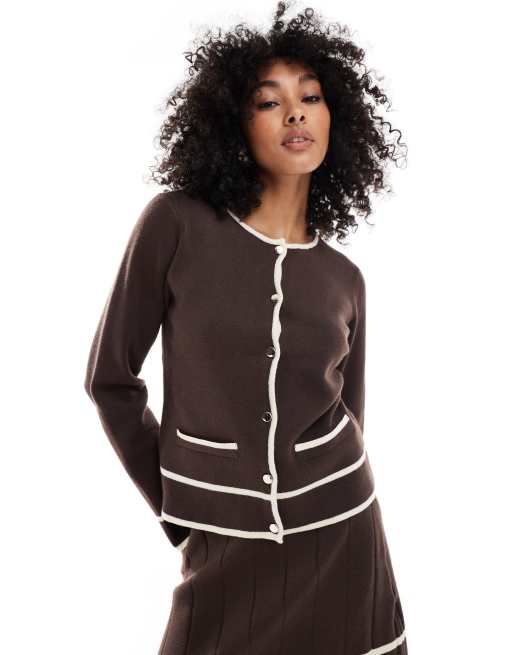 Object - Cardigan in maglia marrone con bordi a contrasto color panna in coordinato