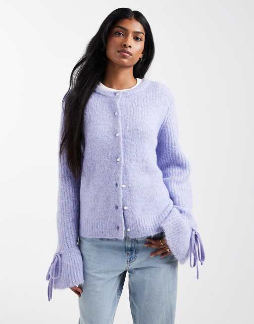 Object - Cardigan in maglia morbida a coste color lavanda con polsini allacciati