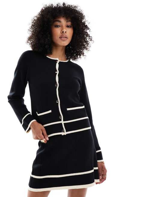 Object - Cardigan in maglia nero con bordi a contrasto color panna in coordinato