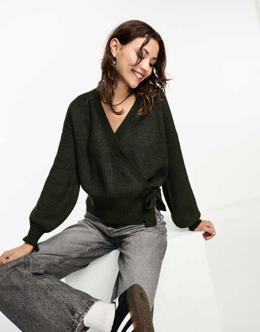 Object - Cardigan in maglia verde intenso a portafoglio