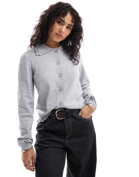 Object - Cardigan stile polo grigio chiaro con finiture smerlate - view 1