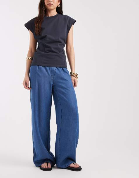 Object - Chambray broek met wijde pijpen in blauw denim - view 1