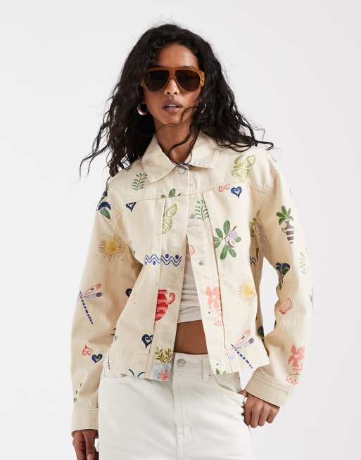 Object - Chaqueta vaquera color crema de corte cuadrado con estampado veraniego