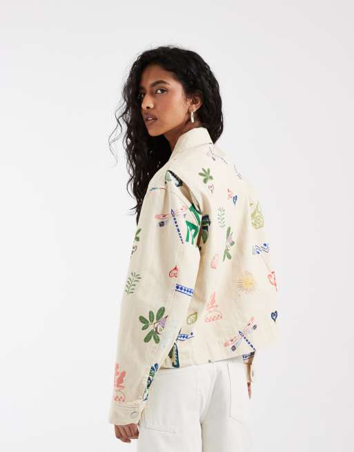 Object - Chaqueta vaquera color crema de corte cuadrado con estampado veraniego, 4 de 4