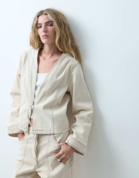 Object - chaqueta vaquera de conjunto con cierre delantero anudado en beige con pespuntes en contraste - view 1