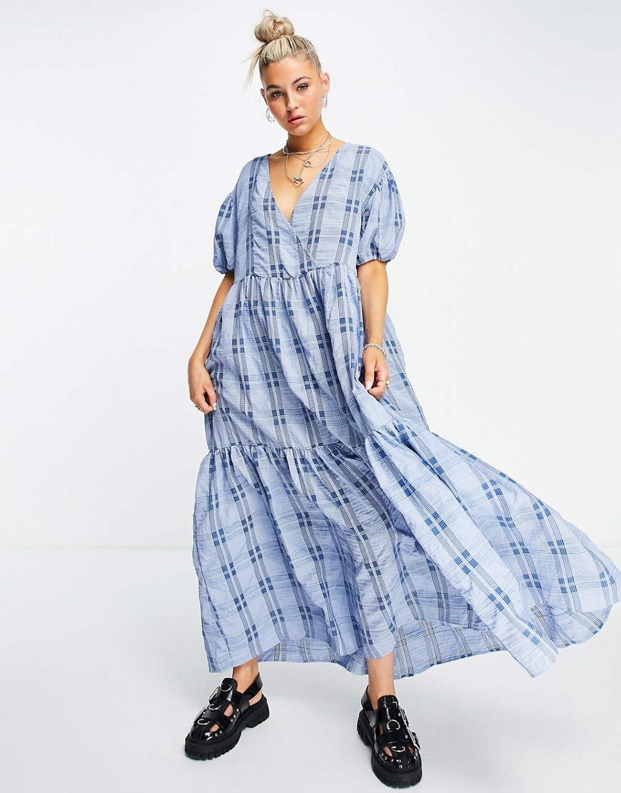 Object check maxi smock dress in blue-Blues