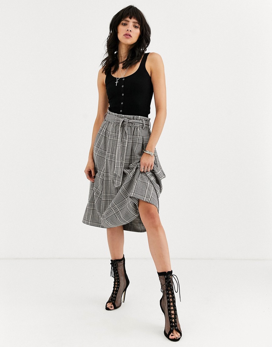 Object check midi skirt with paperbag waist-Multi
