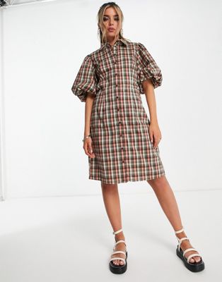 Object check mini dress with puff sleeves in khaki - ASOS Price Checker