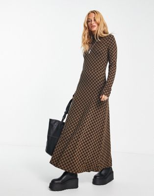 Object checkerboard long sleeve maxi dress in brown