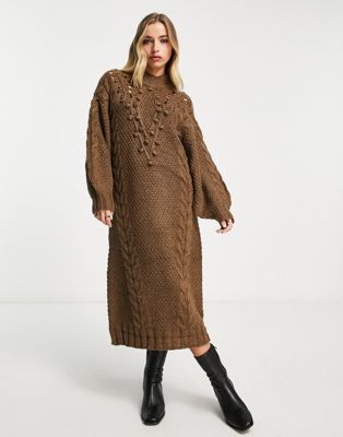 Object chunky roll neck maxi jumper dress in brown